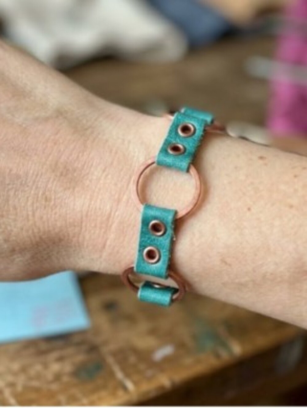 Handmade Genuine Leather Copper Karma Multi Circle Bracelet Aqua